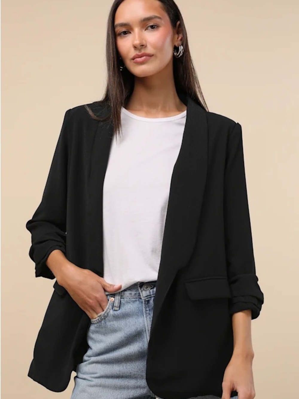 Lulu's Superior Aesthetic Black Three-Quarter Sleeve Ruched Blazer NWT Women’s L